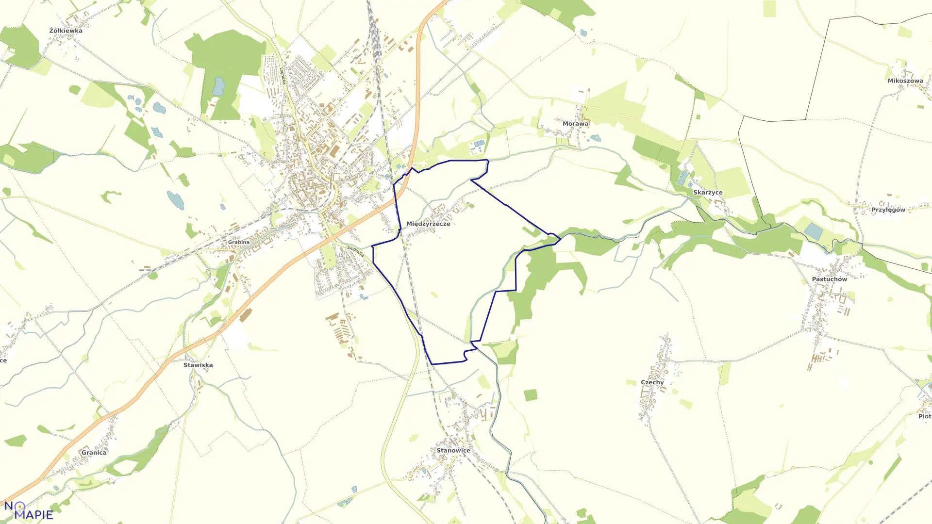 Mapa obrębu Międzyrzecze w gminie Strzegom